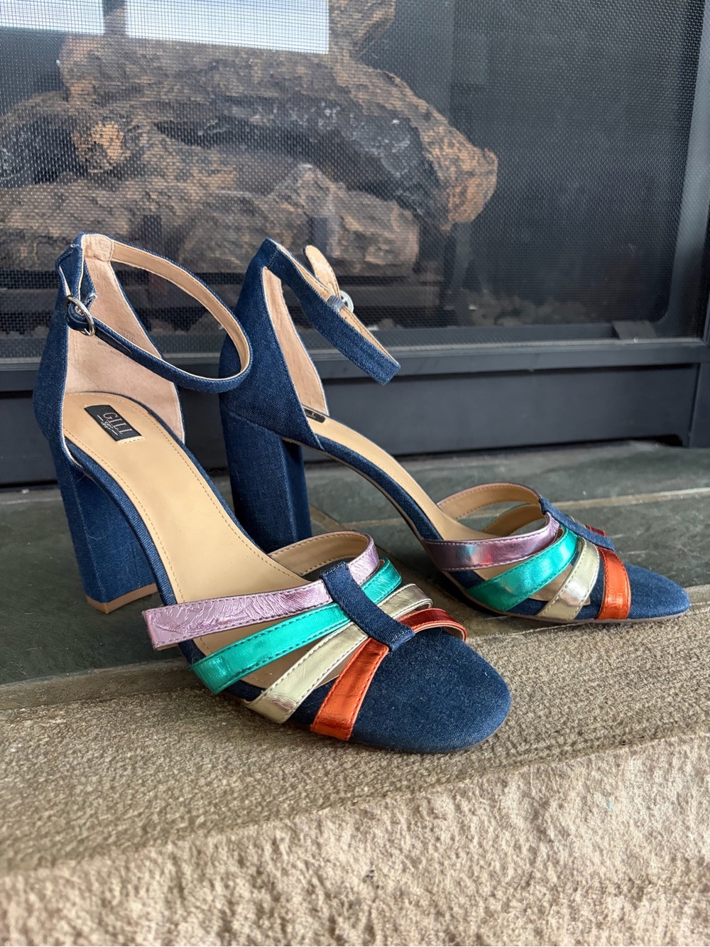 G.I.L.I. Denim Block Heel Sandals with Metallic Multi-Strap Accents